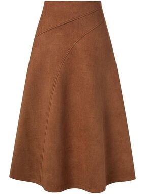 Kate Kasin Women's Orange Brown High Waist A-Line Faux Suede Midi Skirts